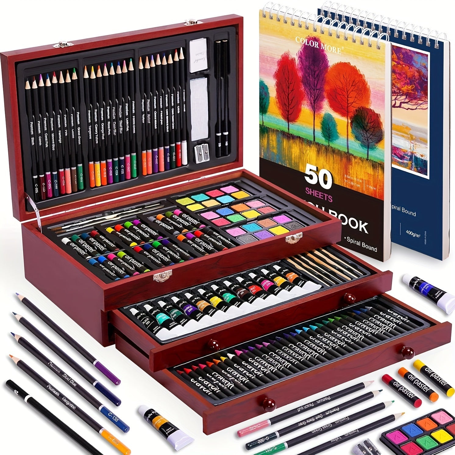 175 Piece Deluxe Art Set Wooden Case Crayons Paints